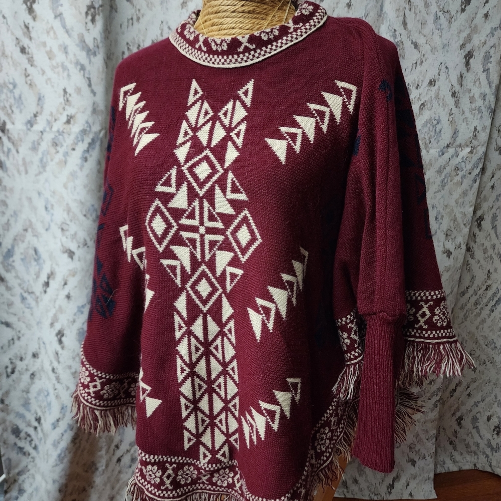 D'Vazquez Poncho Sweater W/ Sleeves Women's Fringe Red Knit Boho Aztec Tribal